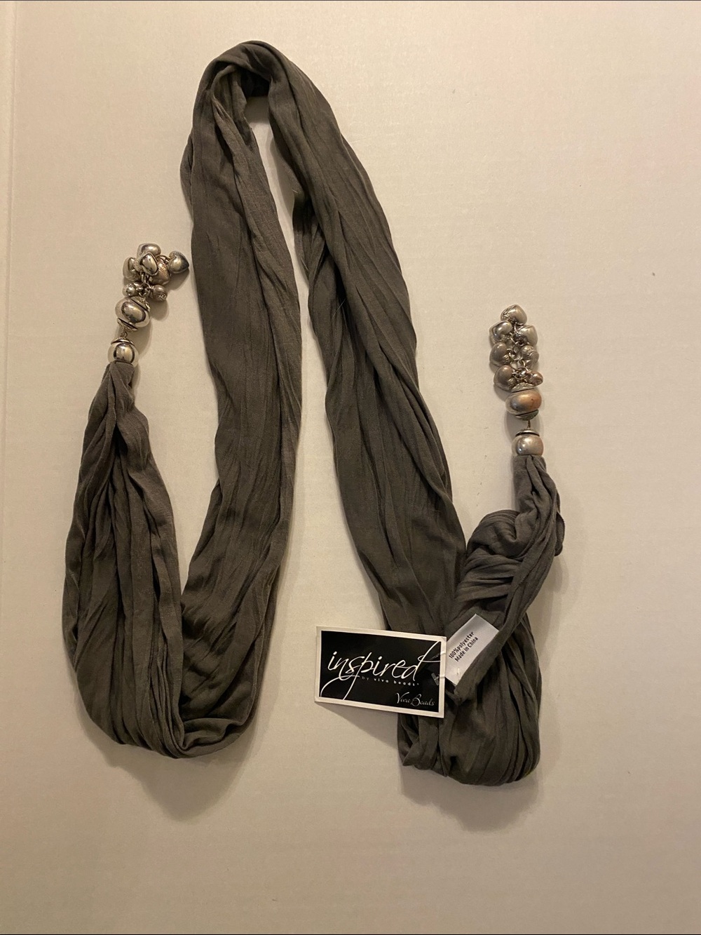 Inspire Olive Green Scarf Necklace with Silver Bead Accents